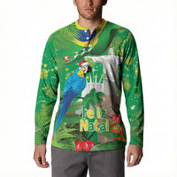 Christmas In July Brazil Button Sweatshirt Feliz Natal Blue Macaw Santa Tropical Vibes