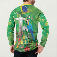 Christmas In July Brazil Button Sweatshirt Feliz Natal Blue Macaw Santa Tropical Vibes