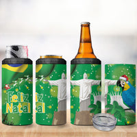 Christmas In July Brazil 4 in 1 Can Cooler Tumbler Feliz Natal Blue Macaw Santa Tropical Vibes
