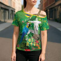 Christmas In July Brazil Cross Shoulder Shirt Feliz Natal Blue Macaw Santa Tropical Vibes