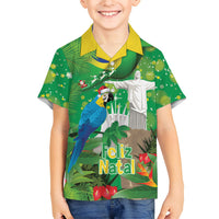Christmas In July Brazil Kid Hawaiian Shirt Feliz Natal Blue Macaw Santa Tropical Vibes
