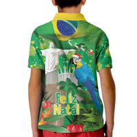 Christmas In July Brazil Kid Polo Shirt Feliz Natal Blue Macaw Santa Tropical Vibes