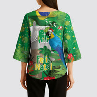Christmas In July Brazil Kimono Sleeve Blouse Feliz Natal Blue Macaw Santa Tropical Vibes