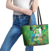 Christmas In July Brazil Leather Tote Bag Feliz Natal Blue Macaw Santa Tropical Vibes