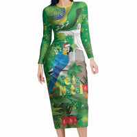 Christmas In July Brazil Long Sleeve Bodycon Dress Feliz Natal Blue Macaw Santa Tropical Vibes