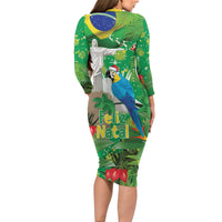 Christmas In July Brazil Long Sleeve Bodycon Dress Feliz Natal Blue Macaw Santa Tropical Vibes