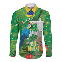 Christmas In July Brazil Long Sleeve Button Shirt Feliz Natal Blue Macaw Santa Tropical Vibes