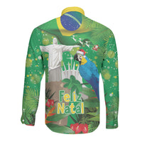 Christmas In July Brazil Long Sleeve Button Shirt Feliz Natal Blue Macaw Santa Tropical Vibes