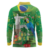 Christmas In July Brazil Long Sleeve Polo Shirt Feliz Natal Blue Macaw Santa Tropical Vibes