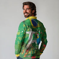 Christmas In July Brazil Long Sleeve Polo Shirt Feliz Natal Blue Macaw Santa Tropical Vibes