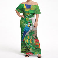 Christmas In July Brazil Off Shoulder Maxi Dress Feliz Natal Blue Macaw Santa Tropical Vibes
