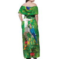 Christmas In July Brazil Off Shoulder Maxi Dress Feliz Natal Blue Macaw Santa Tropical Vibes