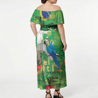 Christmas In July Brazil Off Shoulder Maxi Dress Feliz Natal Blue Macaw Santa Tropical Vibes