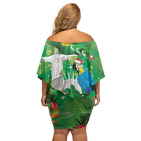 Christmas In July Brazil Off Shoulder Short Dress Feliz Natal Blue Macaw Santa Tropical Vibes