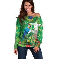 Christmas In July Brazil Off Shoulder Sweater Feliz Natal Blue Macaw Santa Tropical Vibes