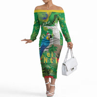 Christmas In July Brazil Off The Shoulder Long Sleeve Dress Feliz Natal Blue Macaw Santa Tropical Vibes