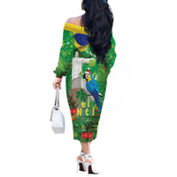 Christmas In July Brazil Off The Shoulder Long Sleeve Dress Feliz Natal Blue Macaw Santa Tropical Vibes