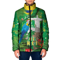 Christmas In July Brazil Padded Jacket Feliz Natal Blue Macaw Santa Tropical Vibes