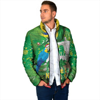 Christmas In July Brazil Padded Jacket Feliz Natal Blue Macaw Santa Tropical Vibes