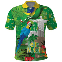 Christmas In July Brazil Polo Shirt Feliz Natal Blue Macaw Santa Tropical Vibes
