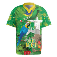 Christmas In July Brazil Rugby Jersey Feliz Natal Blue Macaw Santa Tropical Vibes