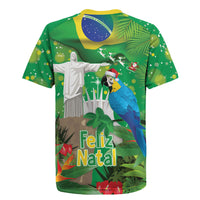 Christmas In July Brazil Rugby Jersey Feliz Natal Blue Macaw Santa Tropical Vibes