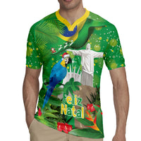 Christmas In July Brazil Rugby Jersey Feliz Natal Blue Macaw Santa Tropical Vibes