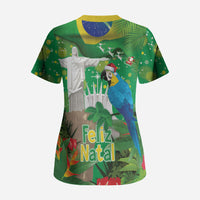 Christmas In July Brazil Scrub Top Feliz Natal Blue Macaw Santa Tropical Vibes