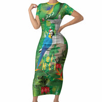 Christmas In July Brazil Short Sleeve Bodycon Dress Feliz Natal Blue Macaw Santa Tropical Vibes