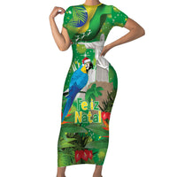 Christmas In July Brazil Short Sleeve Bodycon Dress Feliz Natal Blue Macaw Santa Tropical Vibes
