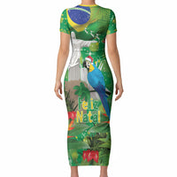 Christmas In July Brazil Short Sleeve Bodycon Dress Feliz Natal Blue Macaw Santa Tropical Vibes