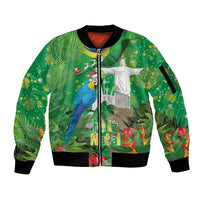 Christmas In July Brazil Sleeve Zip Bomber Jacket Feliz Natal Blue Macaw Santa Tropical Vibes
