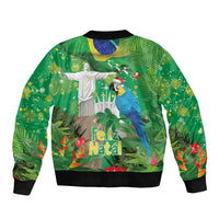 Christmas In July Brazil Sleeve Zip Bomber Jacket Feliz Natal Blue Macaw Santa Tropical Vibes