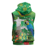 Christmas In July Brazil Sleeveless Hoodie Feliz Natal Blue Macaw Santa Tropical Vibes