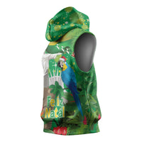 Christmas In July Brazil Sleeveless Hoodie Feliz Natal Blue Macaw Santa Tropical Vibes