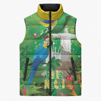 Christmas In July Brazil Sleeveless Puffer Jacket Feliz Natal Blue Macaw Santa Tropical Vibes