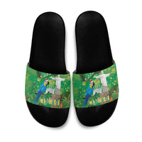 Christmas In July Brazil Slide Sandals Feliz Natal Blue Macaw Santa Tropical Vibes