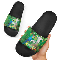 Christmas In July Brazil Slide Sandals Feliz Natal Blue Macaw Santa Tropical Vibes