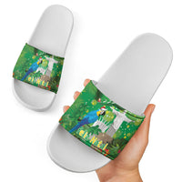 Christmas In July Brazil Slide Sandals Feliz Natal Blue Macaw Santa Tropical Vibes