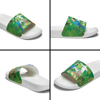 Christmas In July Brazil Slide Sandals Feliz Natal Blue Macaw Santa Tropical Vibes