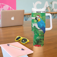 Christmas In July Brazil Tumbler With Handle Feliz Natal Blue Macaw Santa Tropical Vibes