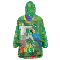 Christmas In July Brazil Wearable Blanket Hoodie Feliz Natal Blue Macaw Santa Tropical Vibes