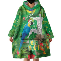 Christmas In July Brazil Wearable Blanket Hoodie Feliz Natal Blue Macaw Santa Tropical Vibes