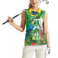 Christmas In July Brazil Women Sleeveless Polo Shirt Feliz Natal Blue Macaw Santa Tropical Vibes