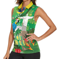 Christmas In July Brazil Women Sleeveless Polo Shirt Feliz Natal Blue Macaw Santa Tropical Vibes