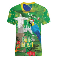 Christmas In July Brazil Women V-Neck T-Shirt Feliz Natal Blue Macaw Santa Tropical Vibes