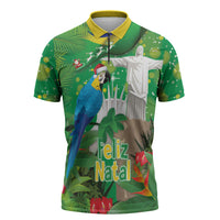 Christmas In July Brazil Zipper Polo Shirt Feliz Natal Blue Macaw Santa Tropical Vibes