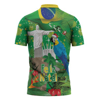 Christmas In July Brazil Zipper Polo Shirt Feliz Natal Blue Macaw Santa Tropical Vibes