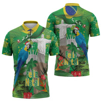 Christmas In July Brazil Zipper Polo Shirt Feliz Natal Blue Macaw Santa Tropical Vibes