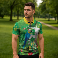 Christmas In July Brazil Zipper Polo Shirt Feliz Natal Blue Macaw Santa Tropical Vibes
